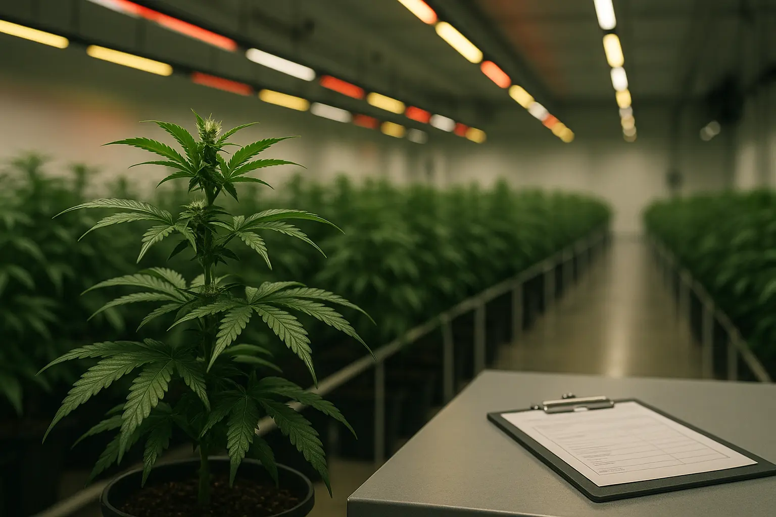 Cannabispflanze in einer modernen Indoor-Anlage neben Unterlagen als Symbol für den bürokratischen Aufbau deutscher Cannabis-Clubs