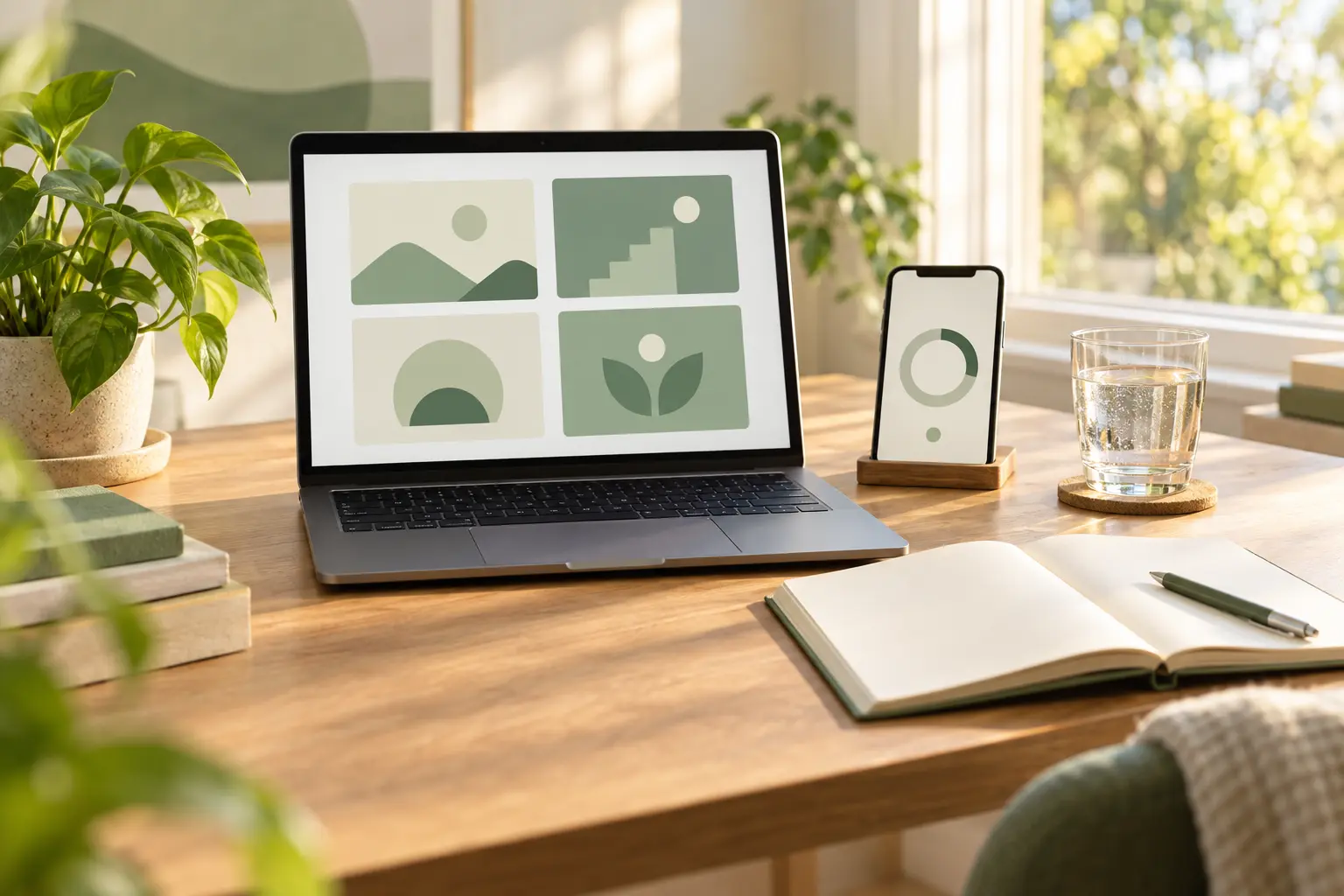 Laptop, Smartphone und Notizbuch auf einem hellen Schreibtisch als Symbol für Online-Unterstützung beim Aufhören mit Cannabis.